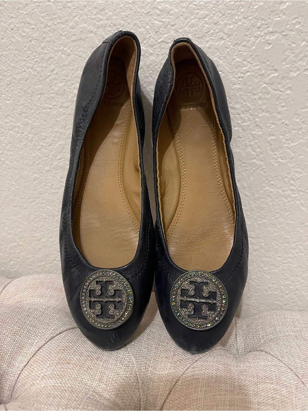 Tory Burch Navy Leather Logo Ballet Flats with Sparkle Medallions